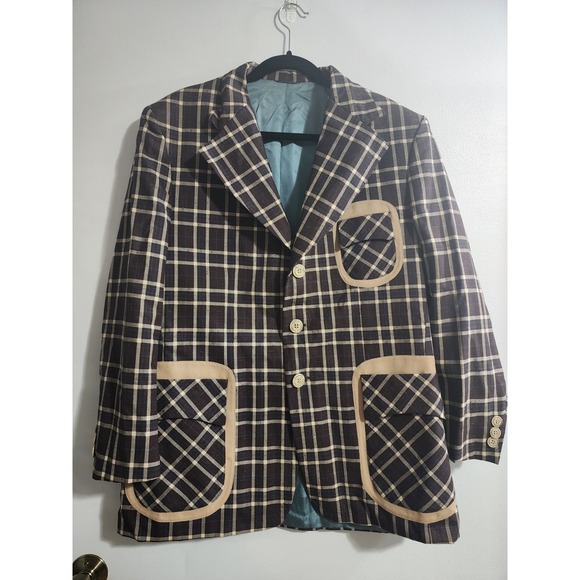 Jules de Berguae Other - Vintage Jules de Berguae Plaid Blazer Eric Salm Chicago Brown Tan 44W38 Mens 43R